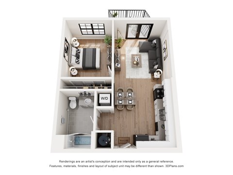 Floor plan for 1 bed, 1 bath, 676 sqft